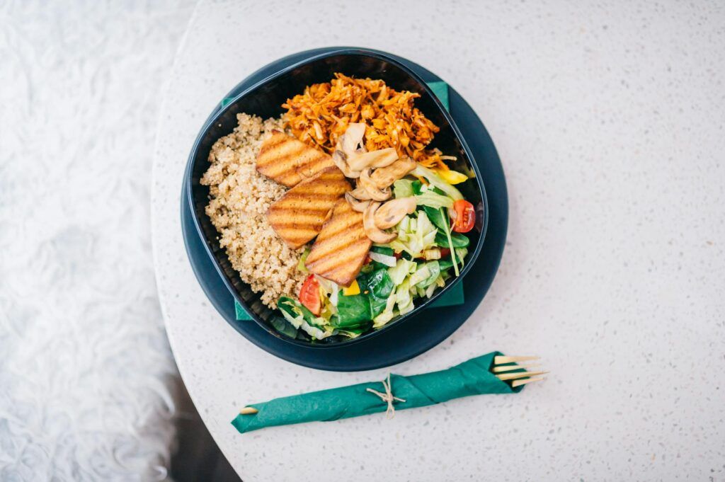 healthy grilled tofu salad bowl with quinoa
